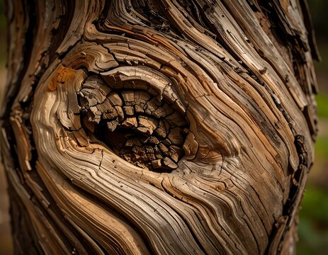 Close-up of a tree trunk, focusing on an intricate knot with swirling patterns and varying shades of brown