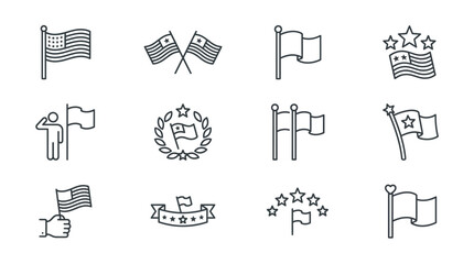 Collection of outline style american flag icons for patriotic and national events theme. © Somiran