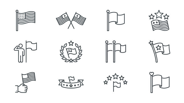 Collection of outline style american flag icons for patriotic and national events theme.
