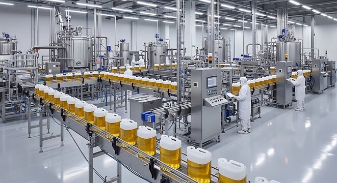 Automated production line for packaging industrial liquids in a modern manufacturing facility