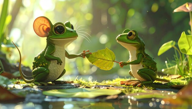 Two green frogs in a pond with leaf.