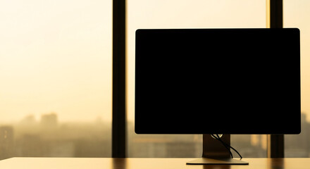 Fototapeta premium Monitor with blank screen on office desk, city sunrise background
