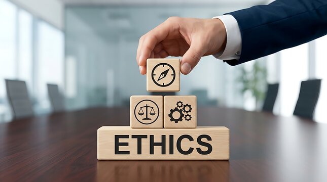 Businessman hand placing wooden compass block on ethics pyramid, symbolizing corporate moral responsibility and strategic business direction core values.