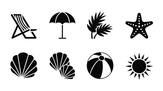 Minimalist summer leisure icons featuring beach chair sun ball and sea shells collection.