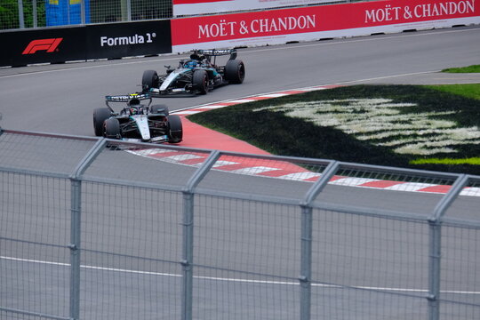 May 25, 2026, Montreal, Canada, Mercedes F1 car driven by Antonelli and Russell during Formula 1 action. g.