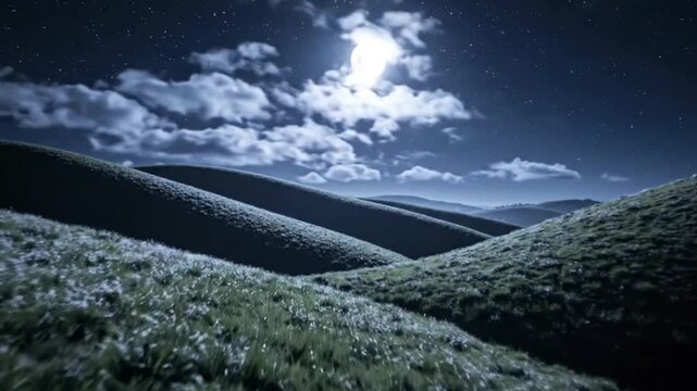 Moonlit Rolling Hills Under Starry Night Sky with Clouds