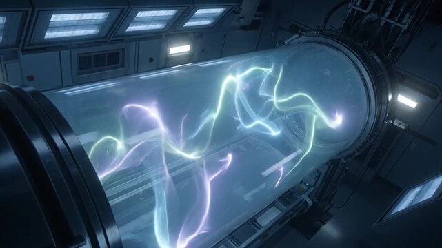 Futuristic cryogenic freezing chamber with glowing blue and purple lights.