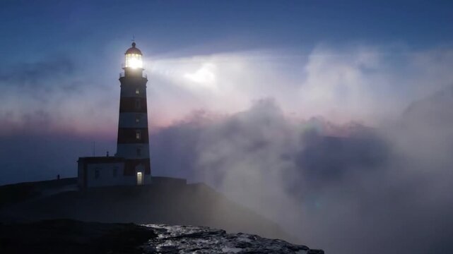 Lighthouse Beacon Shining Through Foggy Night Sky
