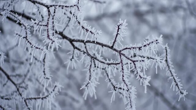 Close-up of frost-covered tree branches in a winter wonderland.