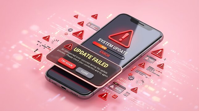 Isometric smartphone projecting multiple system update error notifications and red warning symbols, representing digital technology failure and software glitch.