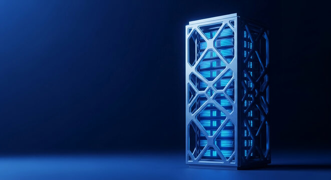 Digital server rack with glowing blue components in secure data facility