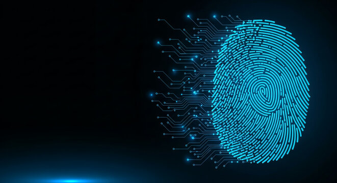 Biometric fingerprint identification technology merging digital data lines secure access concept