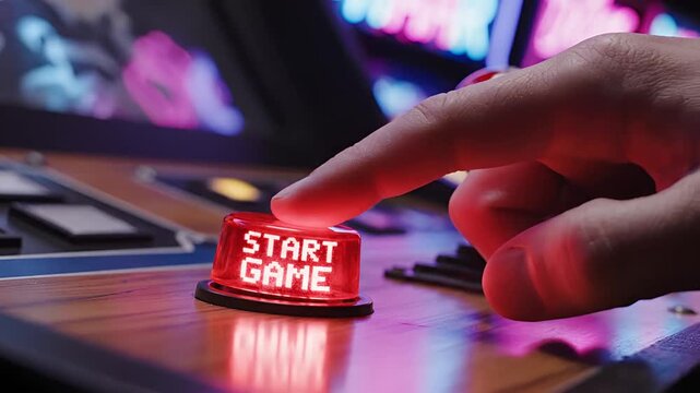 Close up of a finger pressing a red illuminated start game button on an arcade machine.