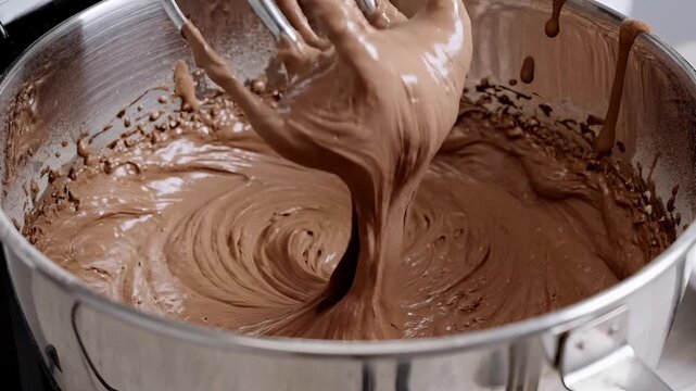 Chocolate Mousse Being Prepared with Electric Mixer in Stainless Steel Bowl.
