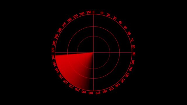 Radar screen animation on black background with red HUD technology signal waves and location detection interface. Military surveillance concept in 4K Motion Graphics and animation video