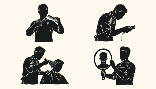 Barber silhouette collection representing professional male grooming and hairstyling services