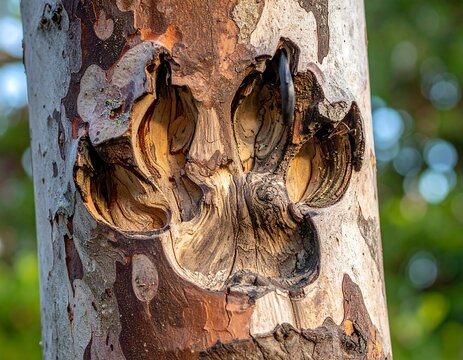 Close-up of a tree trunk, showcasing a unique scar and intricate patterns of the bark's exposed interior