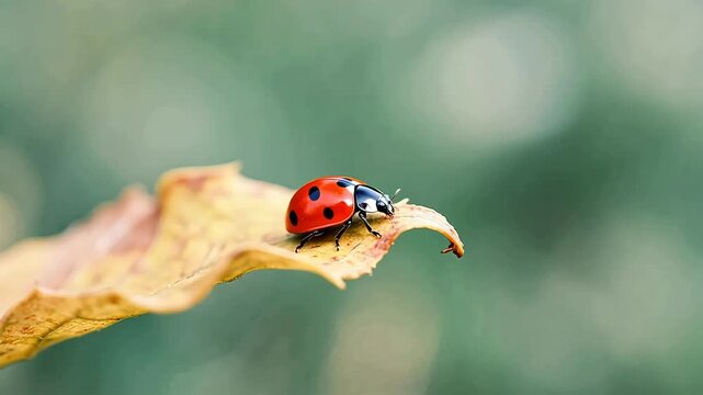 Red ladybug with black spots on dry leaf