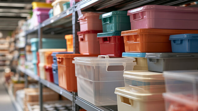 Retail Shelf Filled with Clear and Colorful Plastic Storage Containers