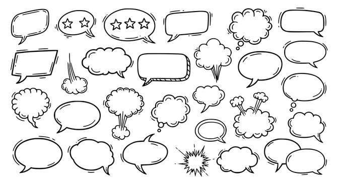 Hand drawn comic speech bubble vector set with retro 90s doodle dialogue boxes