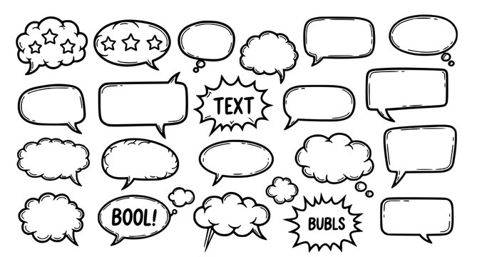 Retro 90s comic speech bubble vector set with doodle dialogue boxes and chat balloons