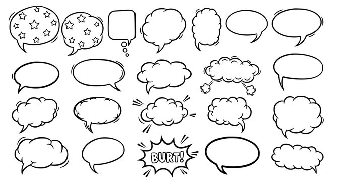 Comic doodle speech bubble vector set with playful retro dialogue and chat box shapes