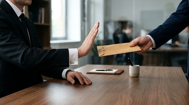 Corporate executive pushing away a brown envelope symbolizing zero tolerance for bribery and corruption
