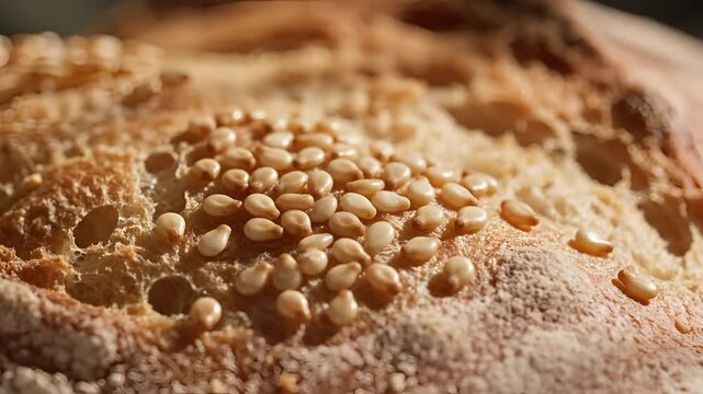 Closeup macro shot of toasted sesame seeds sprinkled on baked bread surface.