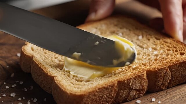 Closeup of butter being spread on toasted bread slice.