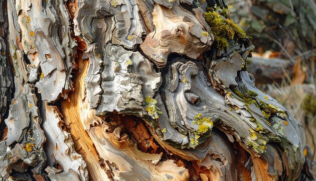 Close-up of a tree trunk, showcasing intricate textures, bark patterns, and subtle colors in a natural outdoor setting