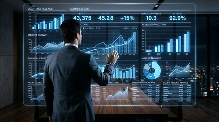 Naklejka premium Businessman observing an augmented reality financial dashboard illustrating market growth and quarterly revenue projections