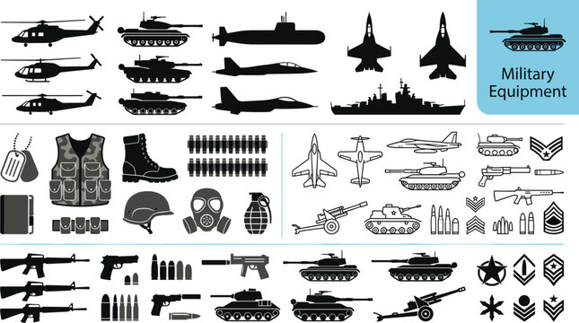 Military Equipment Icon Collection Featuring Tanks Aircraft Weapons Tactical Gear and Defense Vehicle Silhouettes