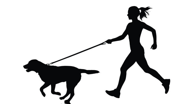 Silhouette of a young woman jogging outdoors while holding a leash and running alongside her loyal pet dog on a bright and sunny white background