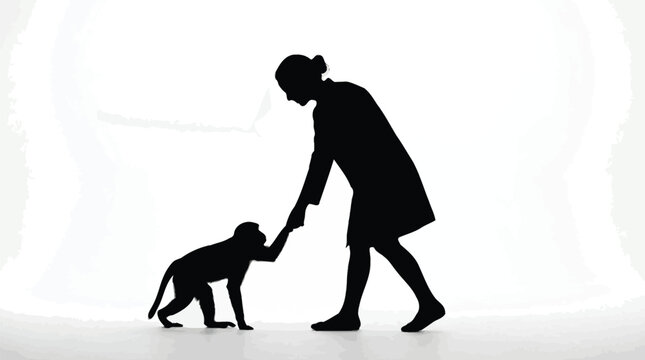 Silhouette of a woman standing and holding the hand of a small monkey against a plain white background in a studio setting with soft lighting
