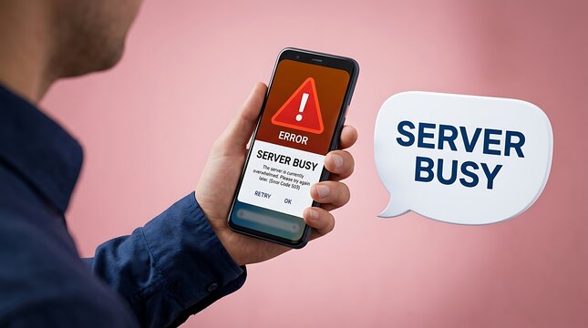 Person holding smartphone displaying server busy error message indicating internet connection failure or overload