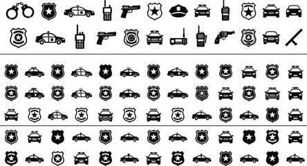 Police Security and Law Enforcement Icon Collection Featuring Patrol Cars Badges Radios and Handcuff Symbols © MDSHAHIDUL