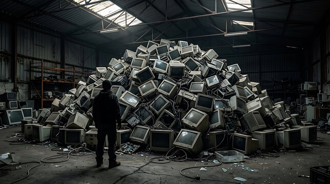 Person standing near pile of old computer monitors