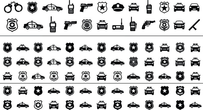 Police Security and Law Enforcement Icon Collection Featuring Patrol Cars Badges Radios and Handcuff Symbols