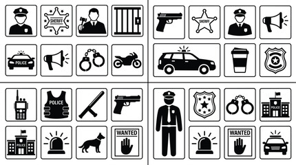 Police Security and Law Enforcement Icon Collection Featuring Patrol Cars Officers and Emergency Service Symbols © MDSHAHIDUL