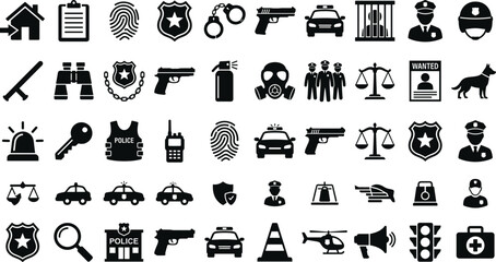Police Security and Law Enforcement Icon Collection Featuring Patrol Cars Weapons and Emergency Service Symbols © MDSHAHIDUL