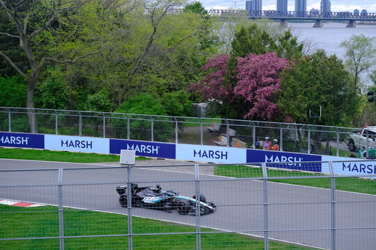 May 25, 2026, Montreal, Canada, Mercedes F1 car driven by Antonelli and Russell during Formula 1 action. g.