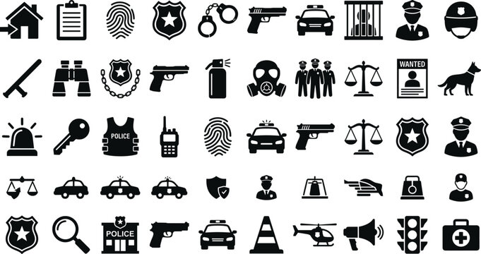 Police Security and Law Enforcement Icon Collection Featuring Patrol Cars Weapons and Emergency Service Symbols