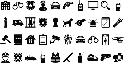 Police Security and Law Enforcement Icon Collection Featuring Patrol Equipment Surveillance and Emergency Service Symbols © MDSHAHIDUL