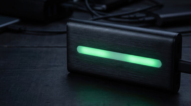 Green indicator light on power device glowing softly on dark surface with cables in background