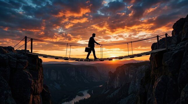 Silhouetted person walking across narrow suspension bridge at dramatic sunset over deep canyon river valley with rugged cliffs