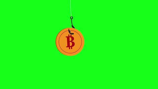 Bitcoin on a Fishing Hook Crypto Scam Concept Green Screen 4K