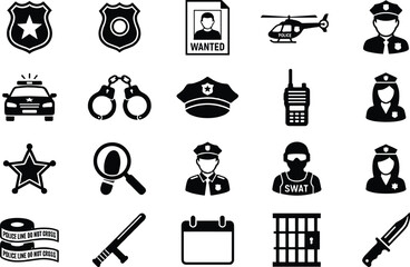 Police Security and Law Enforcement Icon Set Featuring Officers Patrol Vehicles and Crime Investigation Symbols © MDSHAHIDUL