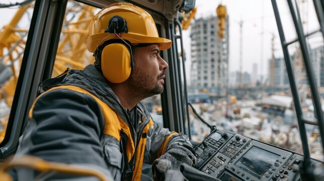 Male construction worker wearing safety gear controls a crane at a busy urban construction site with high-rise buildings in the background.