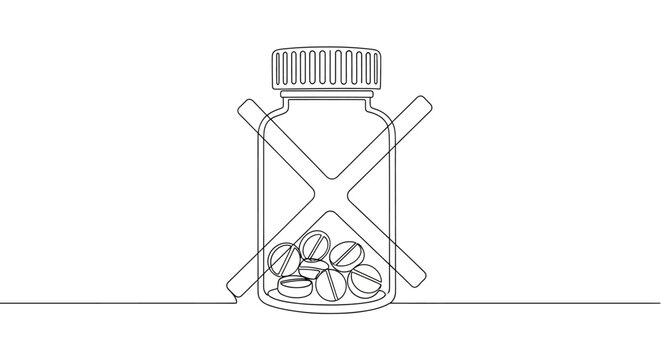 No Pills Icon: Bottle with Medicine and Red Cross Mark