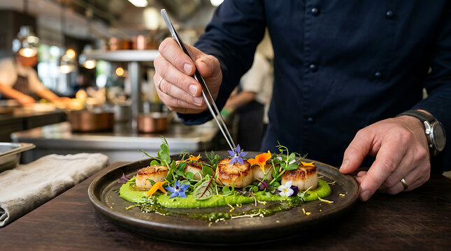 Chef garnishing seafood dish with flowers